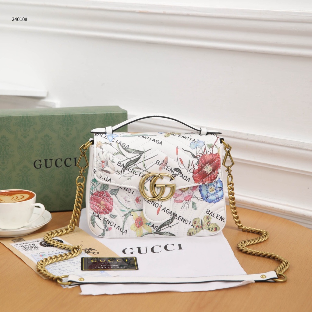 GC X BC The Hacker Project Small GG Marmont Bag Top Handle  White Flora 24010