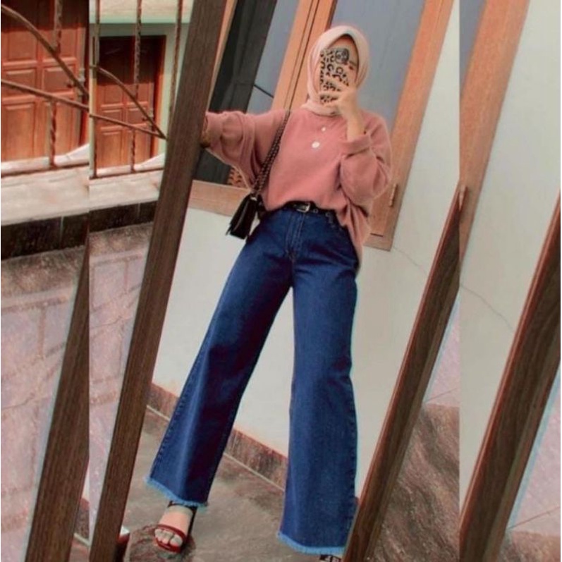 Celana Highwaist Kulot Jeans Wanita Rawis