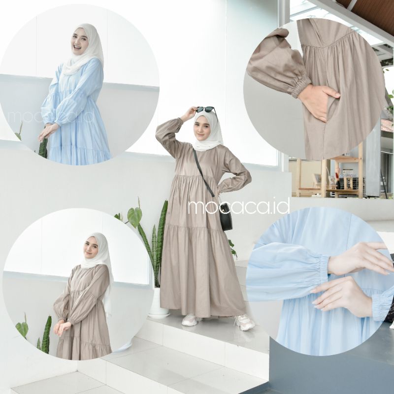 Dress Remple Babydoll katun poplin premium lengan balon busui friendly polos adem putih biru cream