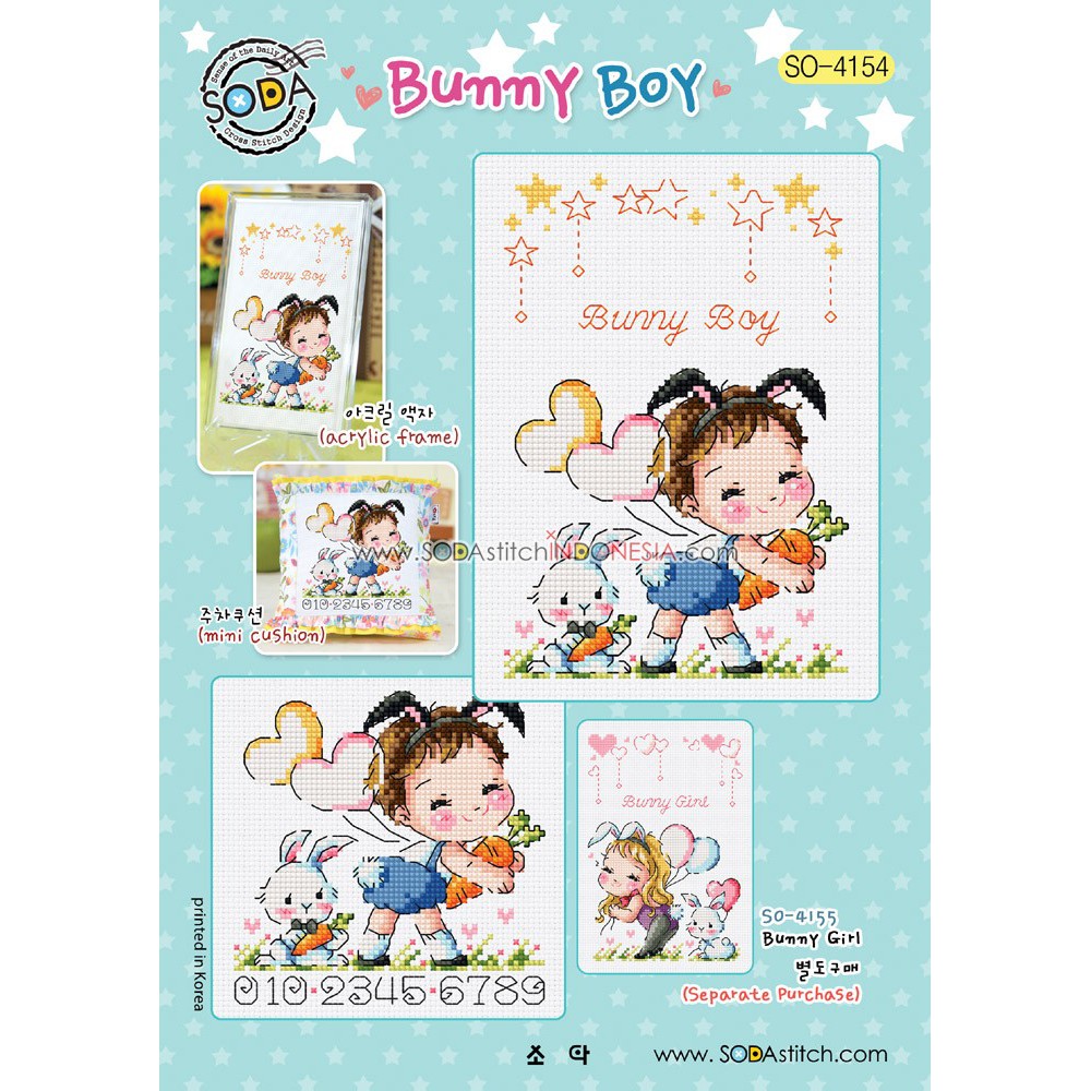 Paket DIY Craft Sulam Kristik Strimin Cross Stitch Sodastitch SO-4154 - Bunny Boy Kelinci Rabbit