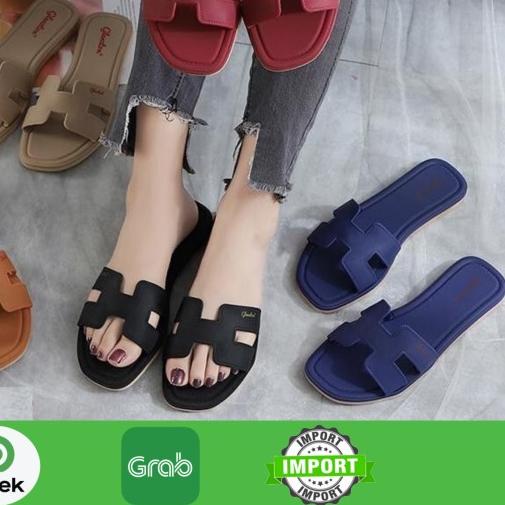 ❆ TERBARU - Sandal Teplek Wanita Import / Sandal Wanita Flat Model H - Hitam, 38 ➬