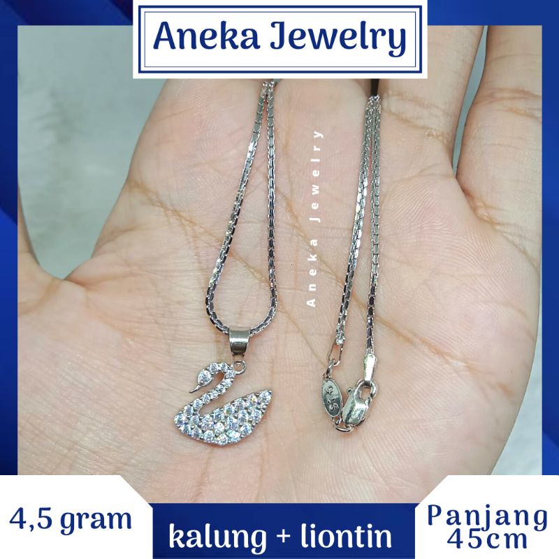 Kalung Italy Santa + Liontin Angsa Mata2, Perak 925, Lapis Emas Putih