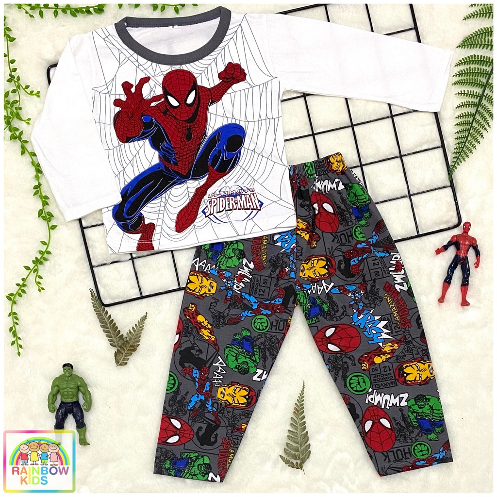 RAINBOW SETELAN PP / SET BAJU ANAK COWOK / UNISEX PP 1-8 TAHUN KOMBINASI SUPERHERO-SPIDER ABU TUA - PP