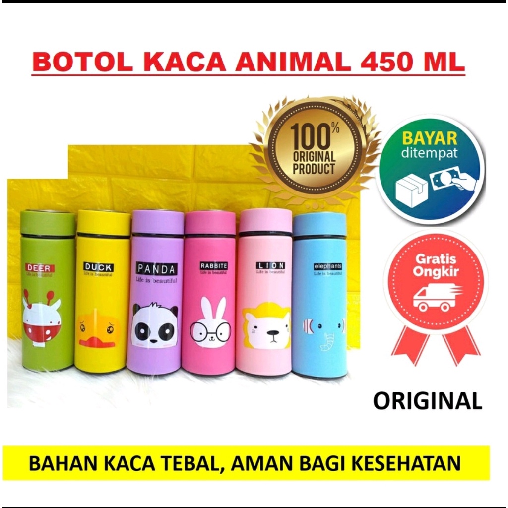 Botol Minum 450ML Kaca Hewan Animal