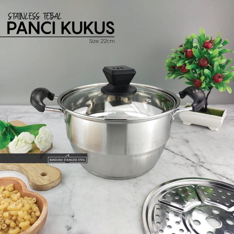 Panci Kukus 22cm Pegangan Kuping Plastik Soup Pot Steamer Stainless Tebal Tinggi Murah