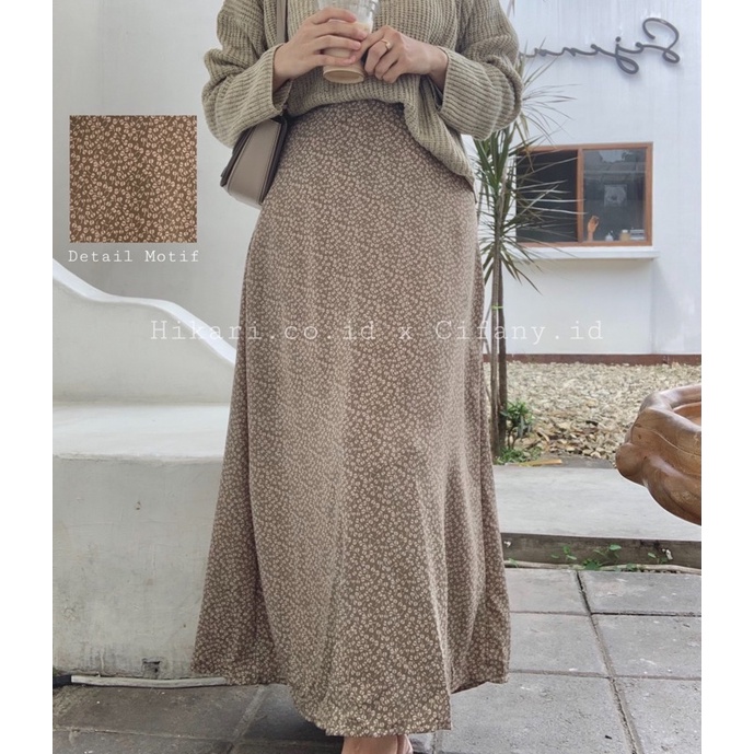 FLORAL SKIRT ADA SAKU / ROK MOTIF BUNGA/ ROK A LINE KOREAN STYLE / Long Skirt / vintage skirt-Orchid Olive Furing