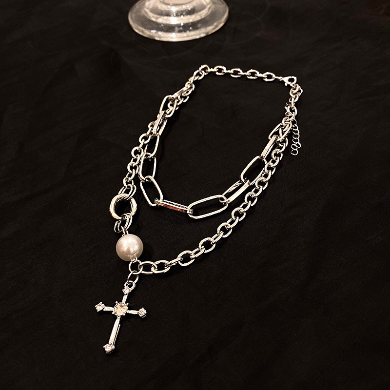 Kalung Rantai Klavikula Ganda Aksen Mutiara Berlian Imitasi Bahan Logam Gaya Punk Untuk Aksesoris