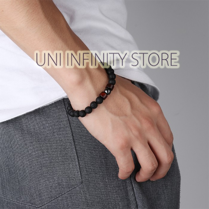 JWBR0098 Gelang Batu Hitam Simple Variasi Ring Kayu Unisex One Hematite Black Lava Stone Bracelet