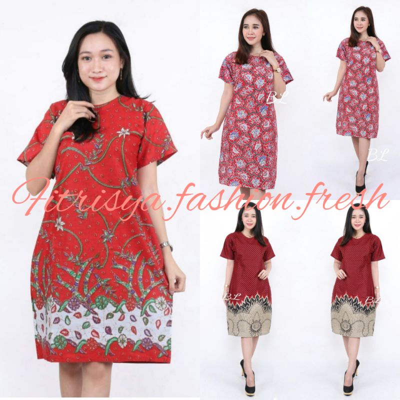 TUNIK DRESS BATIK WANITA JUMBO XXXXL / 4L LENGAN PENDEK MOTIF MERAH KOMBINASI MODEL BARU MURAH