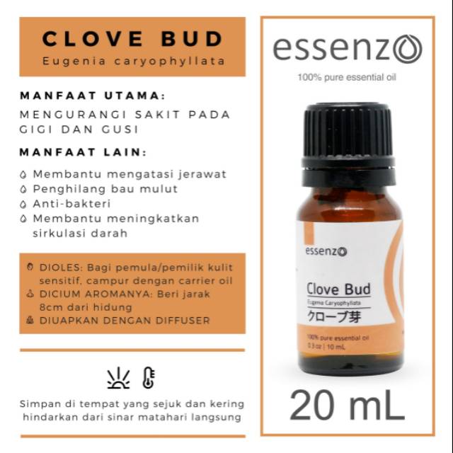 [Mengurangi Sakit Gigi &amp; Gusi] Essenzo Clove Bud Essential Oil 20 mL (Minyak Esensial/Minyak Atsiri)