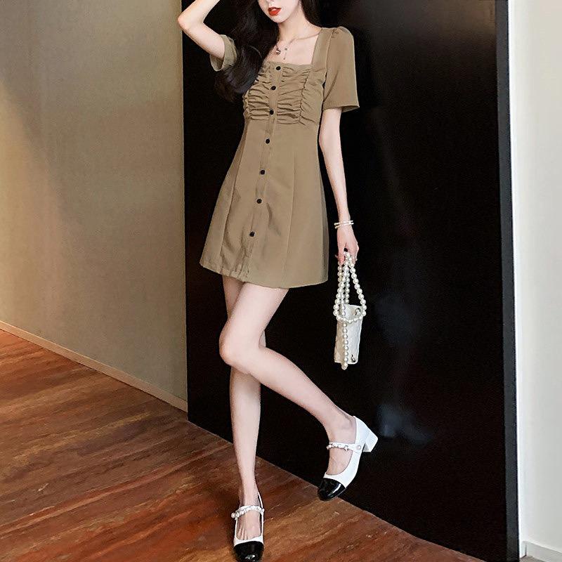 [littlecrab] Dress Full Kancing Karet Square Neck Polos Pendek Simple Elegan Short Dress Korean Style Model Simply Nyaman Lembut Berkualitas