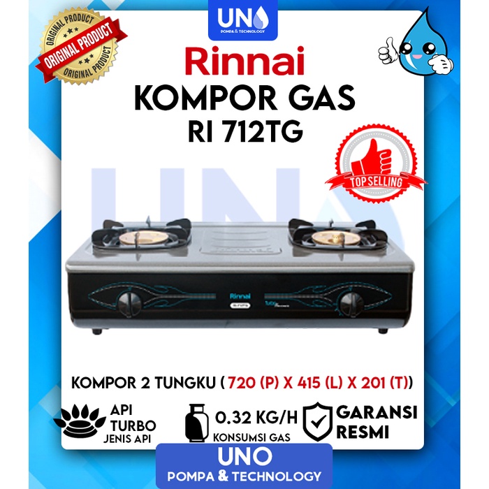 Rinnai Kompor Gas Anti Gores 2 Tungku Api Turbo RI 712 TG / RI-712 TG / RI712TG