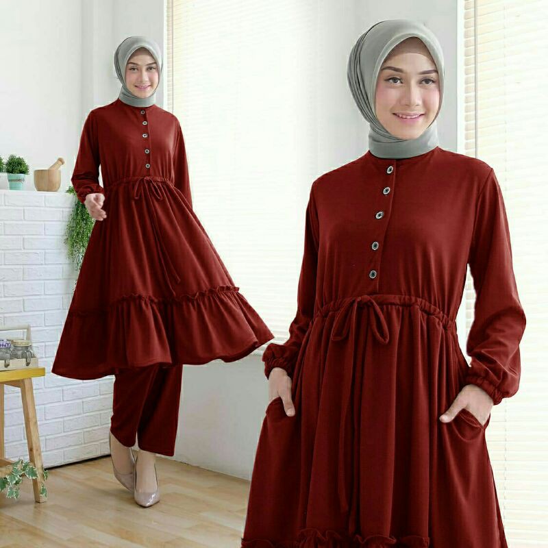 ST Set Stelan Atasan Tunik Celana Wafle Livia