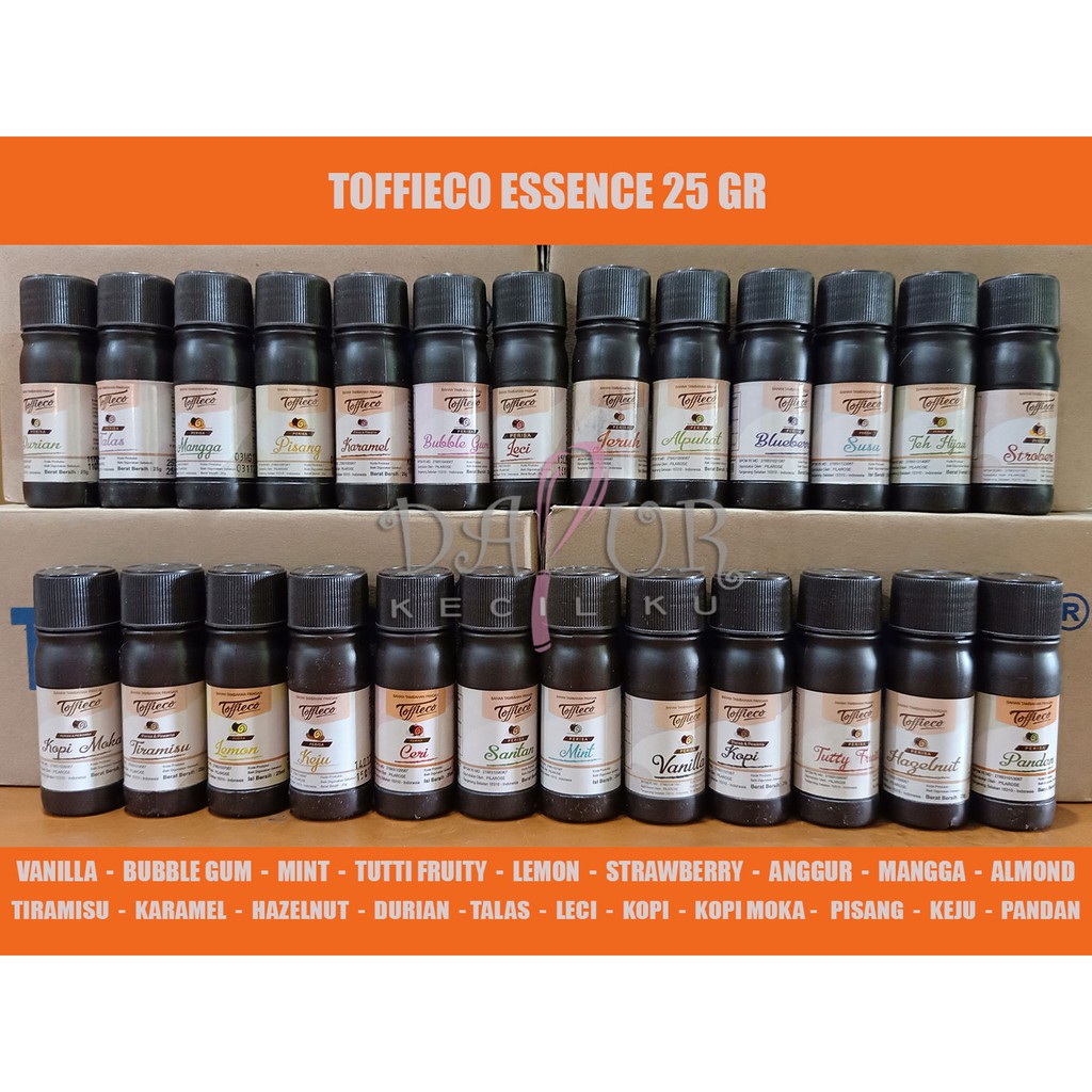 

Essence Toffieco 25 gram Vanilla Mint Bubble gum almond strawberry hazelnut pandan taro kopi 25gr