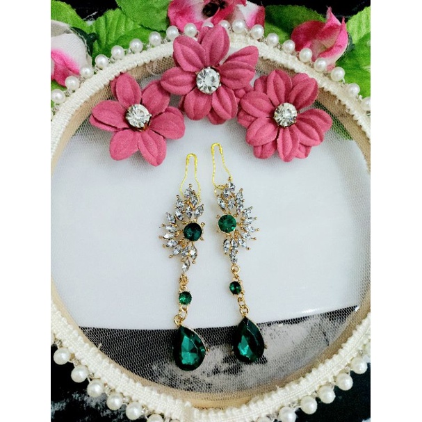 A114 anting hijab juntai full diamond green_anting jilbab