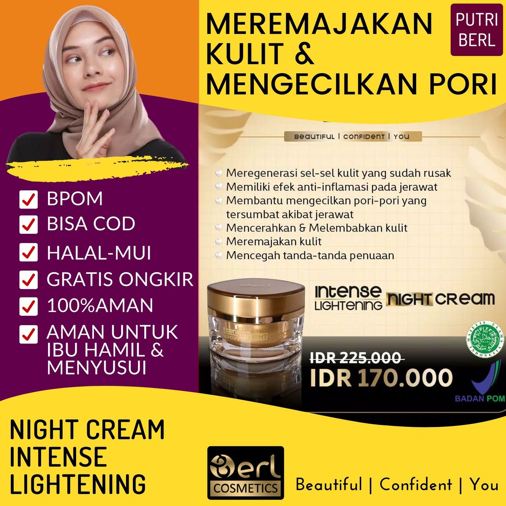 B Erl Intense Lightening Night Cream - Krim Malam - Pencerah &amp; Pemutih Wajah / penghilang komedo