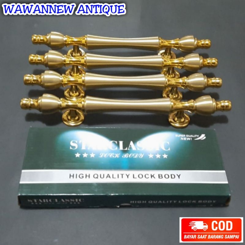 Handle Pintu / Gagang Pintu Rumah Kuningan + 1 Set Body Kunci Motif Dahlia 34cm
