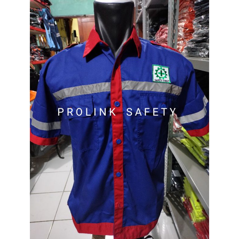 LENGAN PENDEK BIRU GARIS MERAH BAJU SAFETY