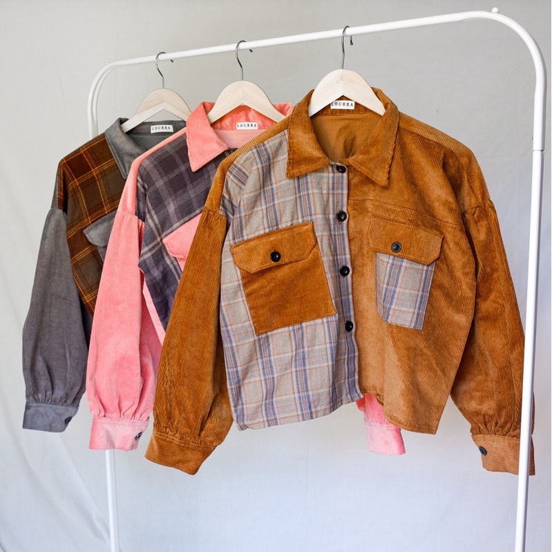P91D Vanny Jacket Corduroy Oversize Crop Wanita Two Tone Flanel