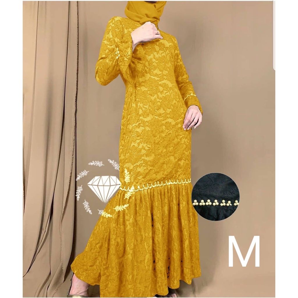 PCS MAXY NURHALIZA DUYUNG MUTIARA BRUKAT FASHION PAKAIAN WANITA DRESS GAMIS MAXI 5 UKURAN M L XL XXL 3XL MS ADA VIDEO REVIEW ASLI PRODUK-Mustard M