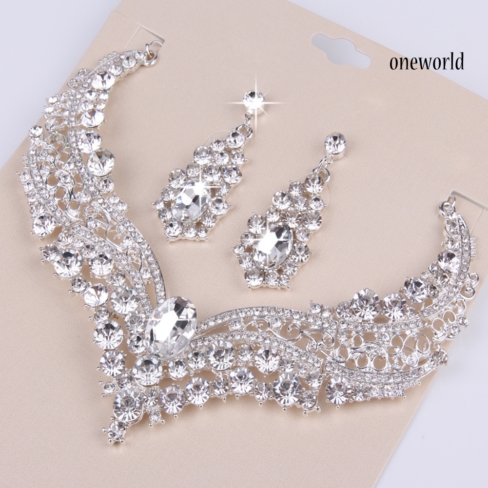 OW@ Wedding Bridal Queen Style Fully Shiny Rhinestone Necklace Earrings Jewelry Set