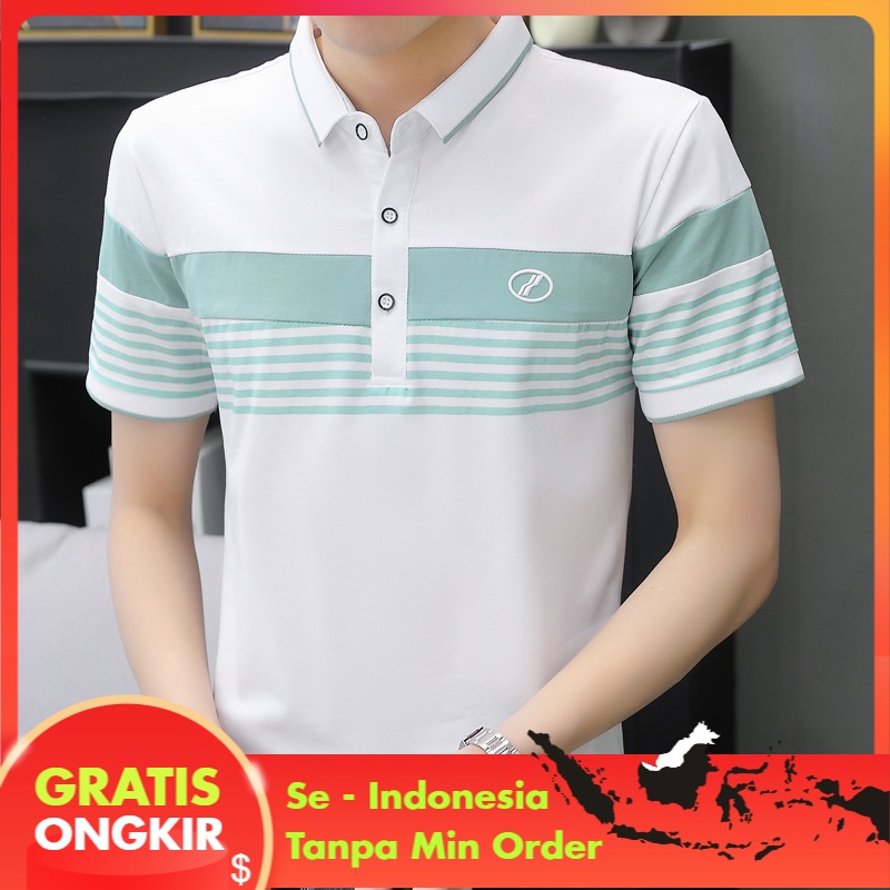 Kaos Polo Pria T-shirt  Pria Bergaris Polo cetak T-shirt Lengan Setengah Fashion Polo Tshirt
