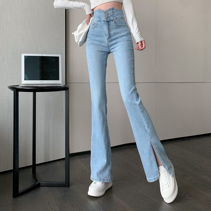 Wanita Split Jeans Retro Baru Pinggang Tinggi Peregangan Berkobar Celana Pribadi dan Slim-Mencari Pe