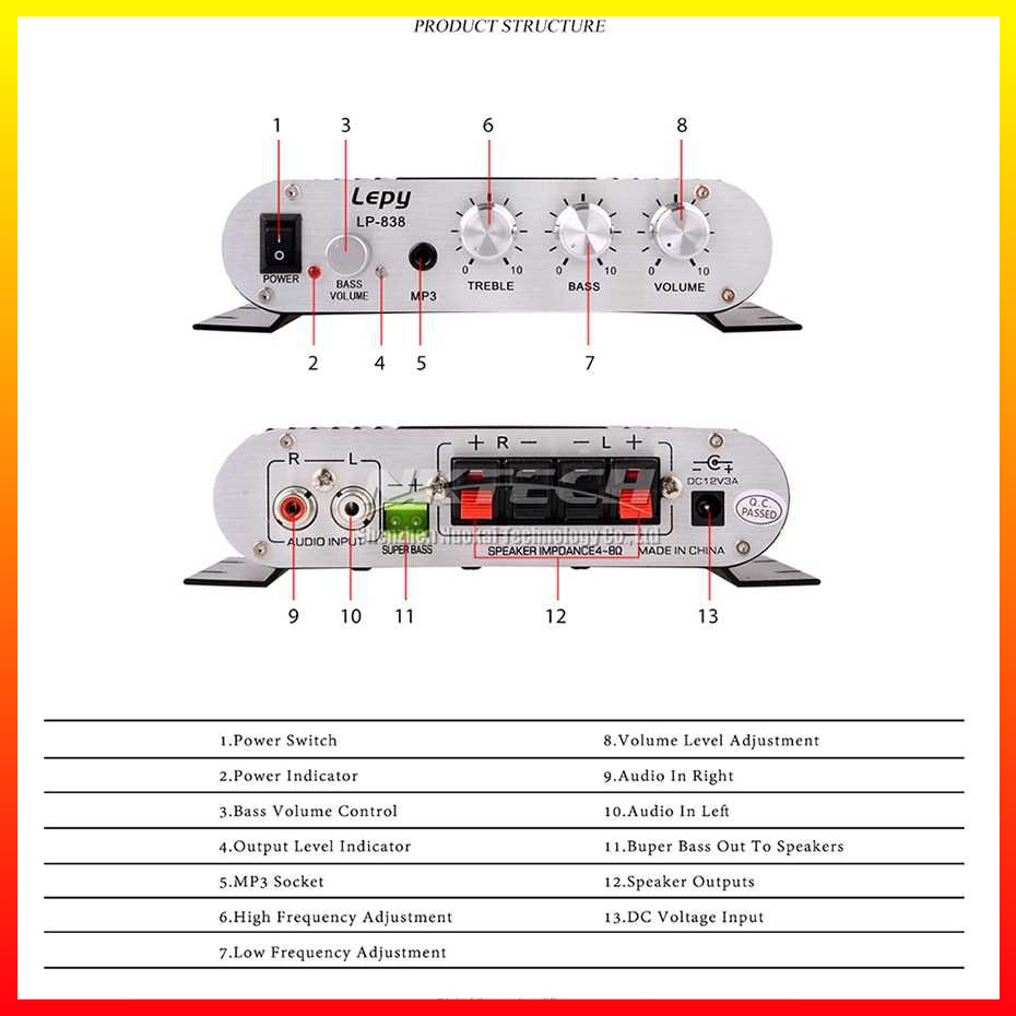 Audio Amplifier Hi-Fi Stereo Treble Bass Booster input RCA R/L dan Output RCA Untuk Speaker Stereo Full CNC Aluminium Lepy - LP-838 - 9CSK01BK