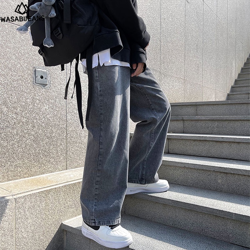 Celana Jeans Pria Celana Panjang Pria Korean Style Straight Jeans Santai Longgar Pria Oversize Celana Denim Hitam
