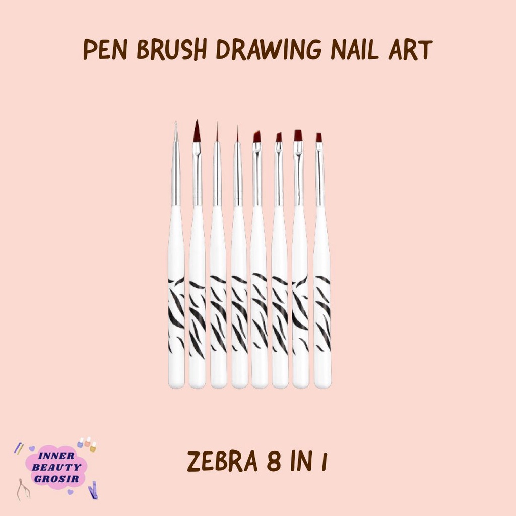 Pen Brush Drawing Nail art Zebra 8 in 1