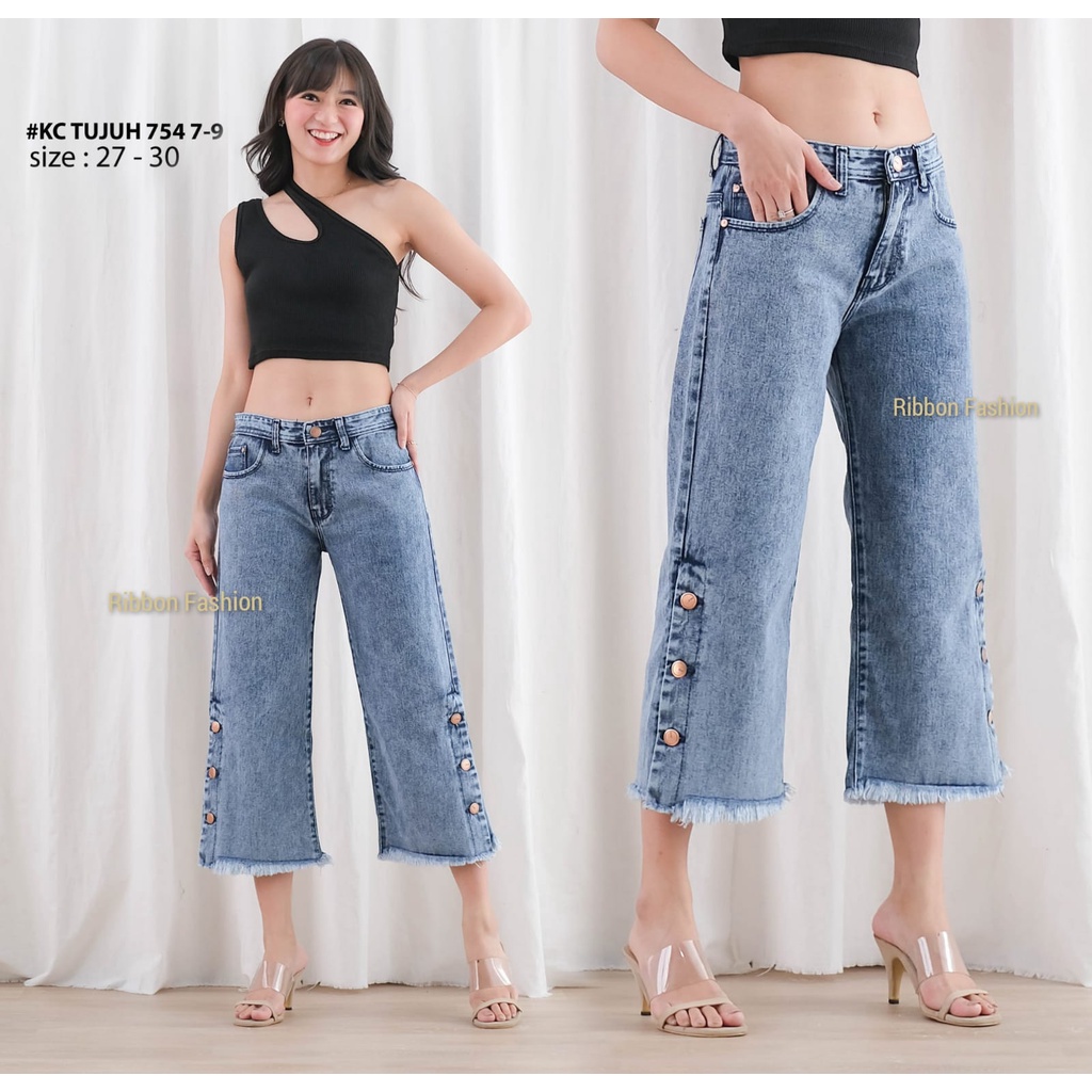 Ribbon Fashion - RF CELANA JEANS KULOT 7/9 KANCING TIGA WARNA SNOW WANITA / KULOT BOYFRIEND KANCING 