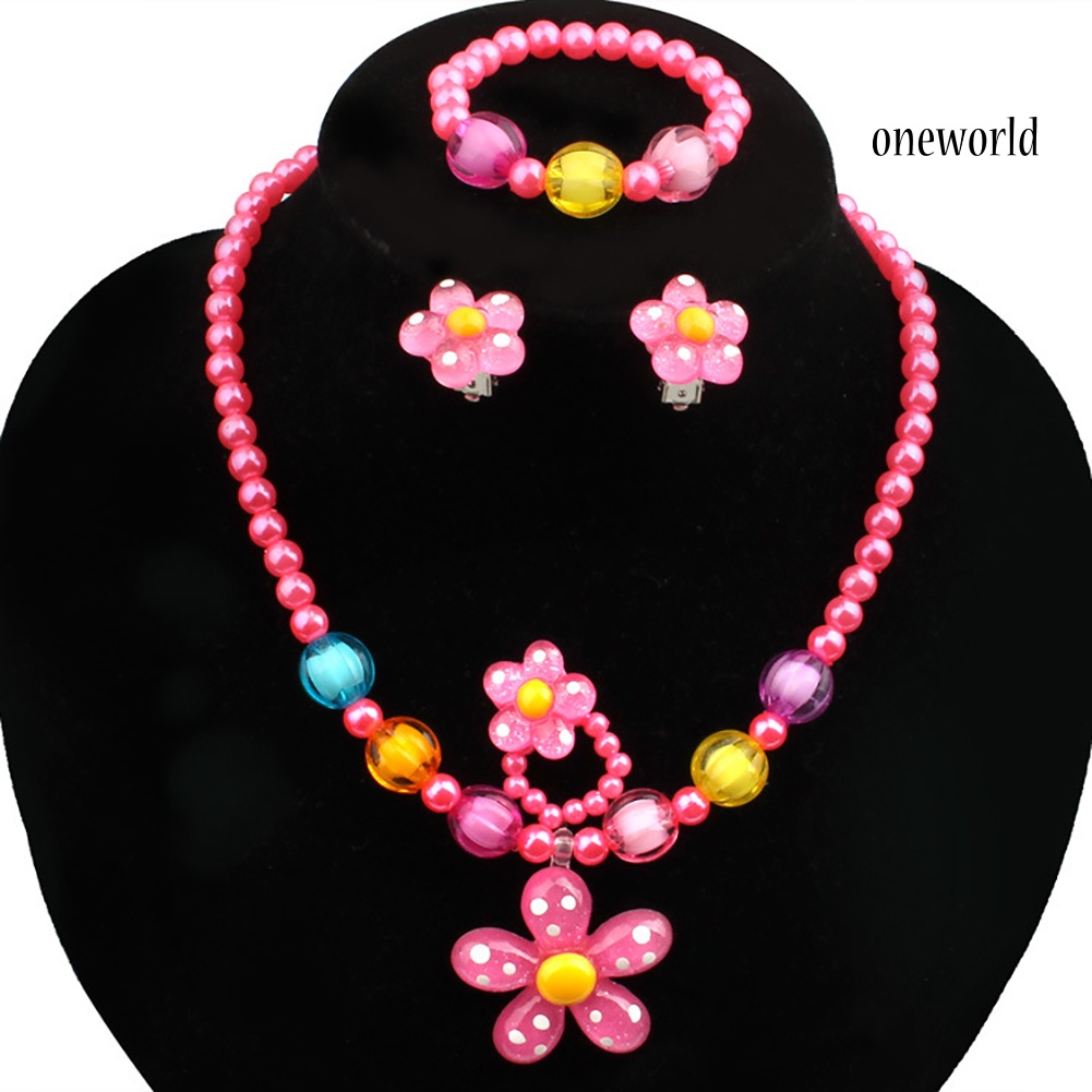 OW@ 5Pcs Handmade Flower Necklace Bracelet Ring Ear Studs Kids Girls Jewelry Set