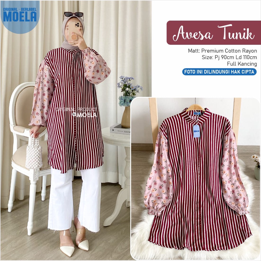 TUNIK AVESA ld 110cm by ORIGINAL AWESA MOELA fashion premium cotton rayon full kancing salur atasan 