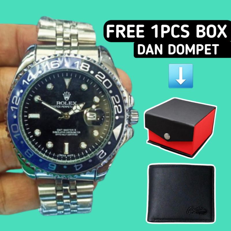 Jam Tangan Rolex Pria Analog Anti Air Stainless Steel Tanggal Aktif Anti Karatan Free Box dan Dompet
