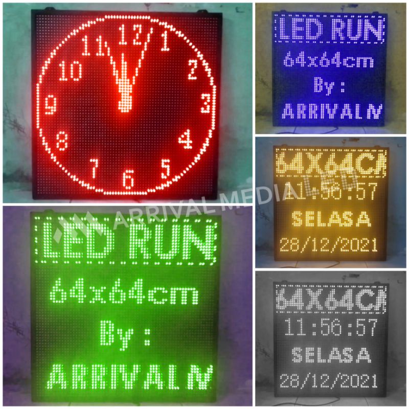 LED Running Text 64x64cm Single Color "WiFi" Outdoor (Jam Analog/Jam Dinding Digital)