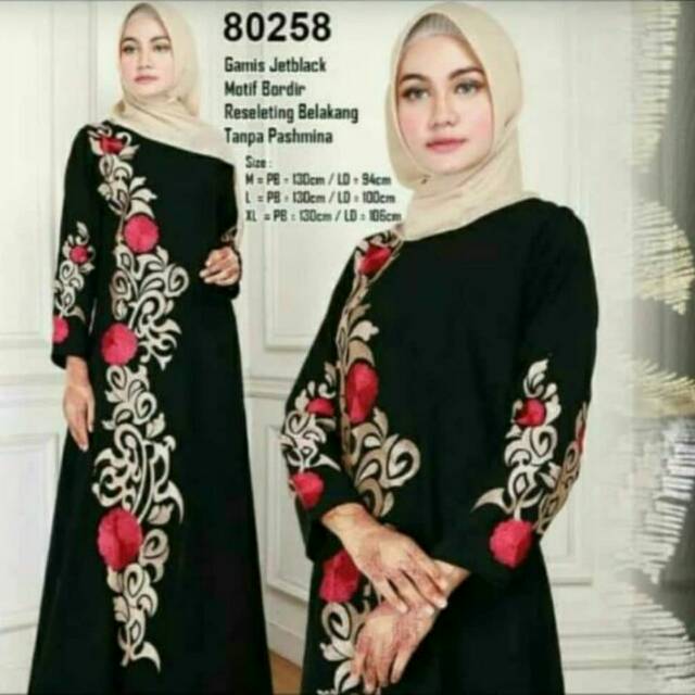 Abaya Bordir Motif Bunga Kombinasi Gold & Merah