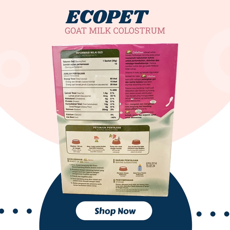 COLOSTRUM ECO PET GOAT MILK (ECER 1 SASCHET 20 gr ) - SUSU KAMBING UNTUK KUCING ANJING KELINCI - PET MILK - ORIGINAL