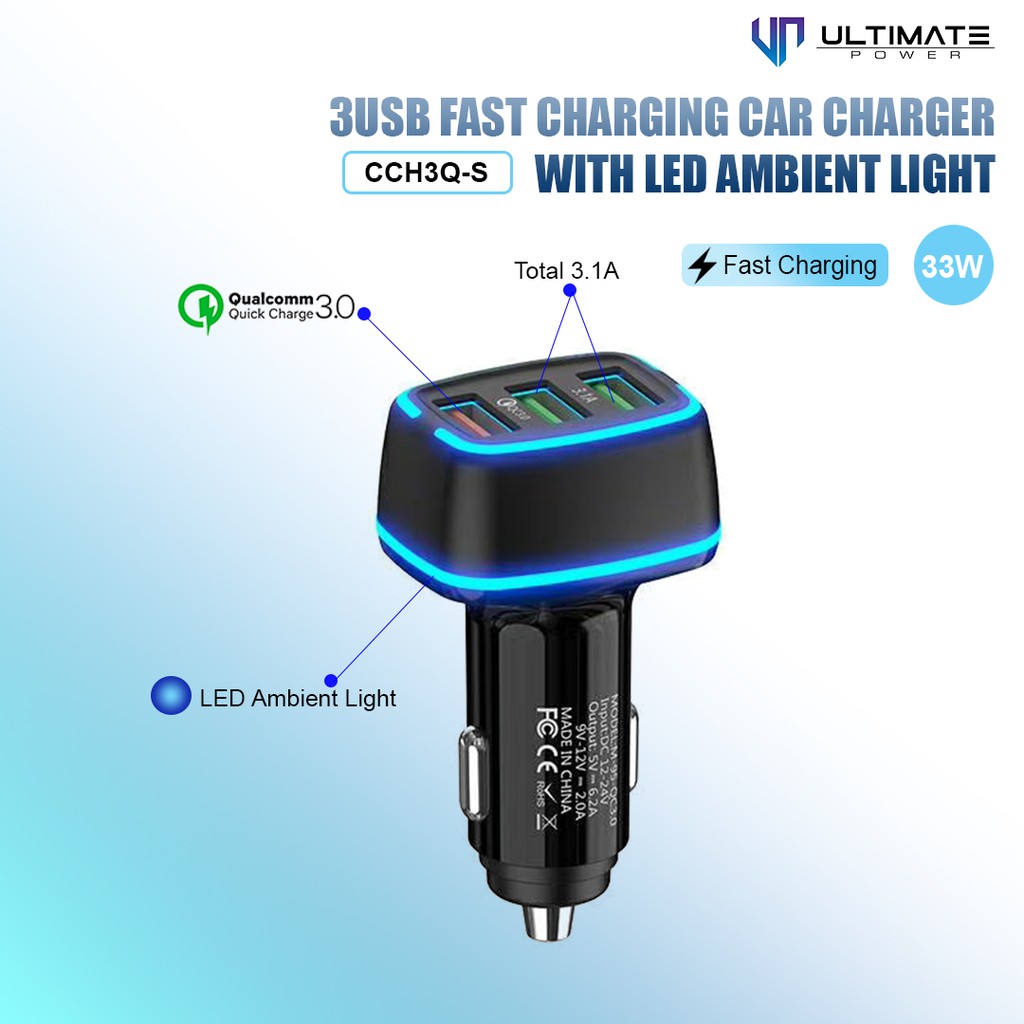 Car Charger mobil 3Usb Ultimate 3USB Fast Charging Car Charger with LED Ambient Light Original100%