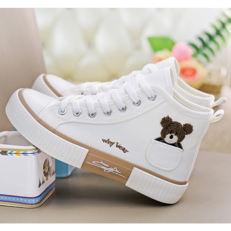 Sepatu Kanvas Import RWS 9222 Wanita Motif Bear / Sneakers High Bear sepatu papan serbaguna