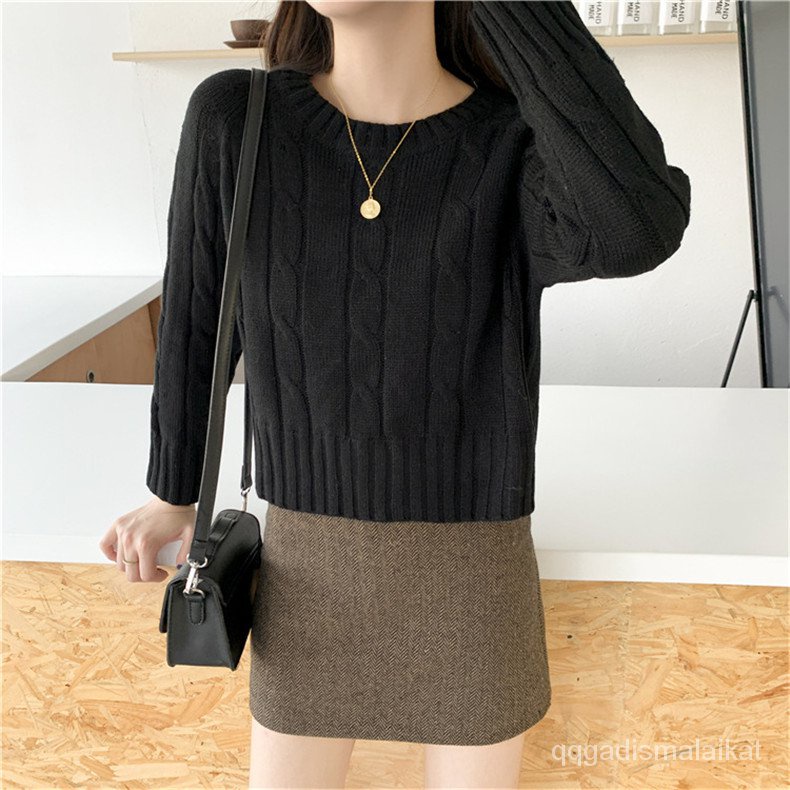 sweater hitam switer pendek fashion wanita sweter rajut longgar korea