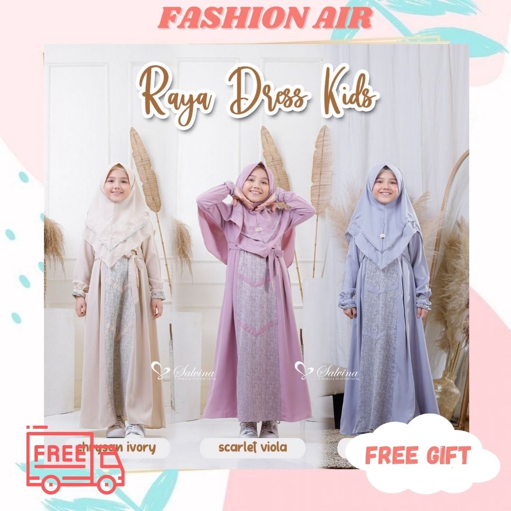 GAMIS ANAK SET KHIMAR BAHAN WOLLY AMILY KOMBI COTTON JUGUARD ORIGINAL RAYA DRESS KIDS by SALVINA