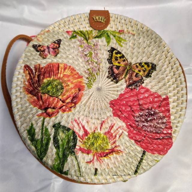 (BISA COD) TAS SELEMPANG ROTAN BUNDAR DENGAN LUKISAN BUNGA UKURAN 20x20x7 cm - SLING BAG WANITA OOTD