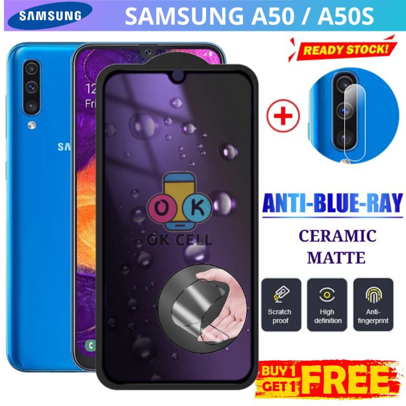 2in1- Tempered Glass Ceramic Blue Matte Light Samsung A50 A50s TG Anti Gores Radiasi Ray Premium