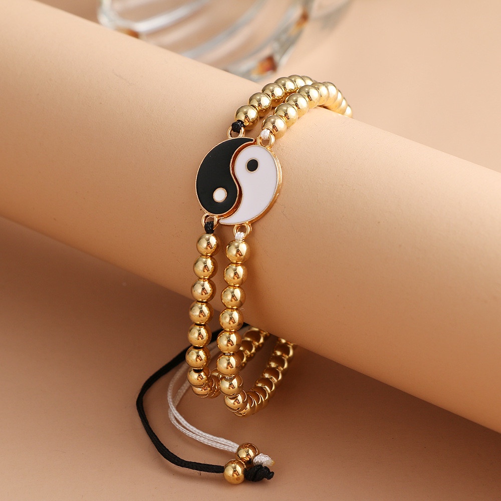 2PCS Tai Chi Bagua Emas Perak Putaran Bead Pasangan Gelang Dapat Disesuaikan untuk Pria dan Wanita