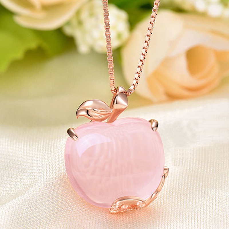 [Ready Stock]Fashionable Rose Gold Inlaid Ross Quartz Necklace Apple Pendant