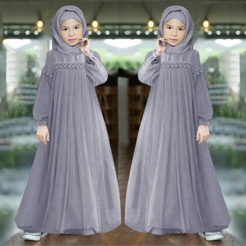 MAXY NURAINI KID ANAK, RENDA TILE, MOSCREPE PREMIUM, GAMIS HIJAB MUSLIM, DRESS, 3 UKURAN