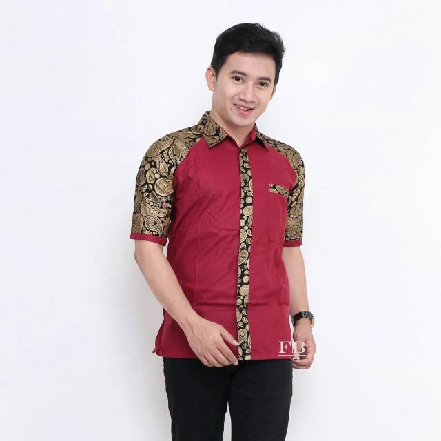 Baju Hem Batik Kombinasi Atasan Pria Prada Emas Motif Songket Seragaman Uniform