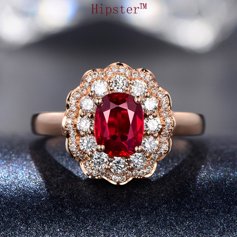 New Hot Sale Exquisite Luxury Inlaid Ruby Flower-Shaped Full Diamond Ring