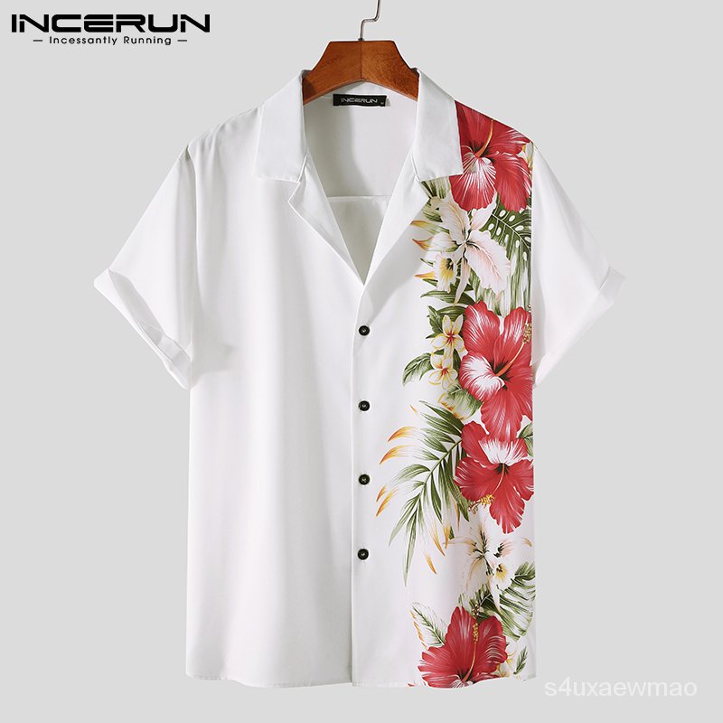 INCERUN Men Casual Flower Printing Short Sleeve Lapel Buttons Up Fashion Shirt