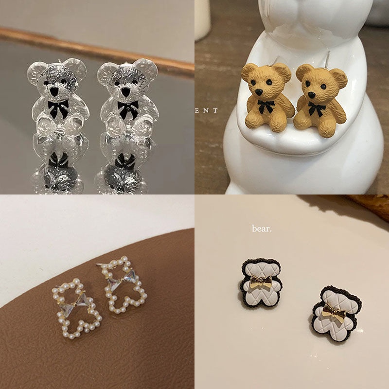 S jarum perak Korea sederhana gaya anting-anting anting-anting pribadi transparan bear anting-anting